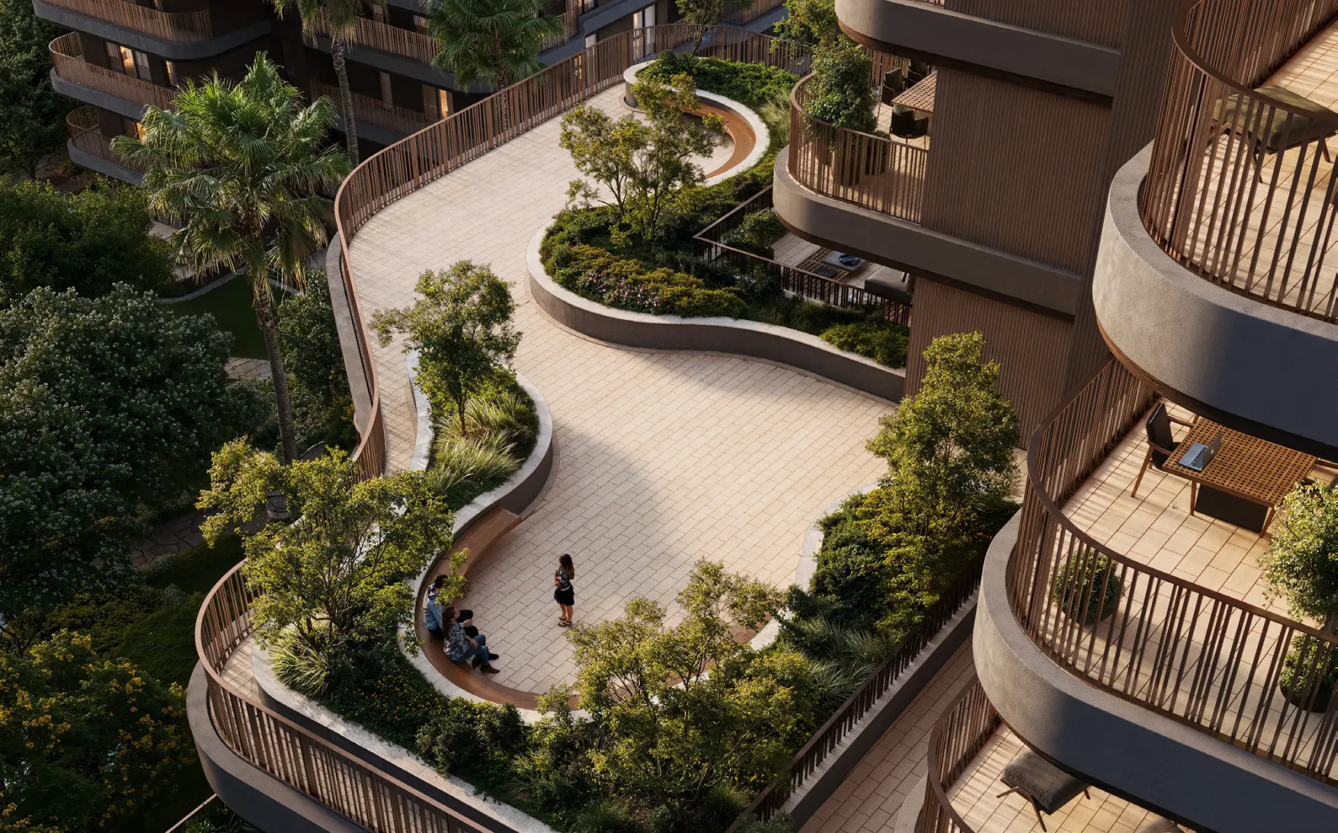 Aerial render of the planted podium path winding between the curved buildings