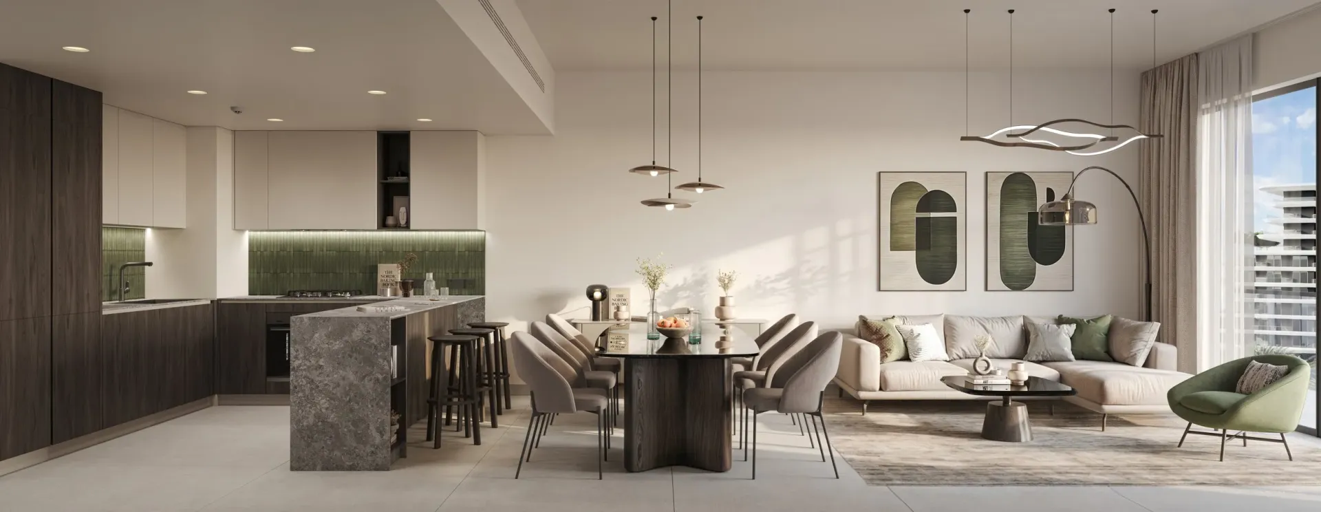 Render of an apartment's open-plan kitchen, dining and living area