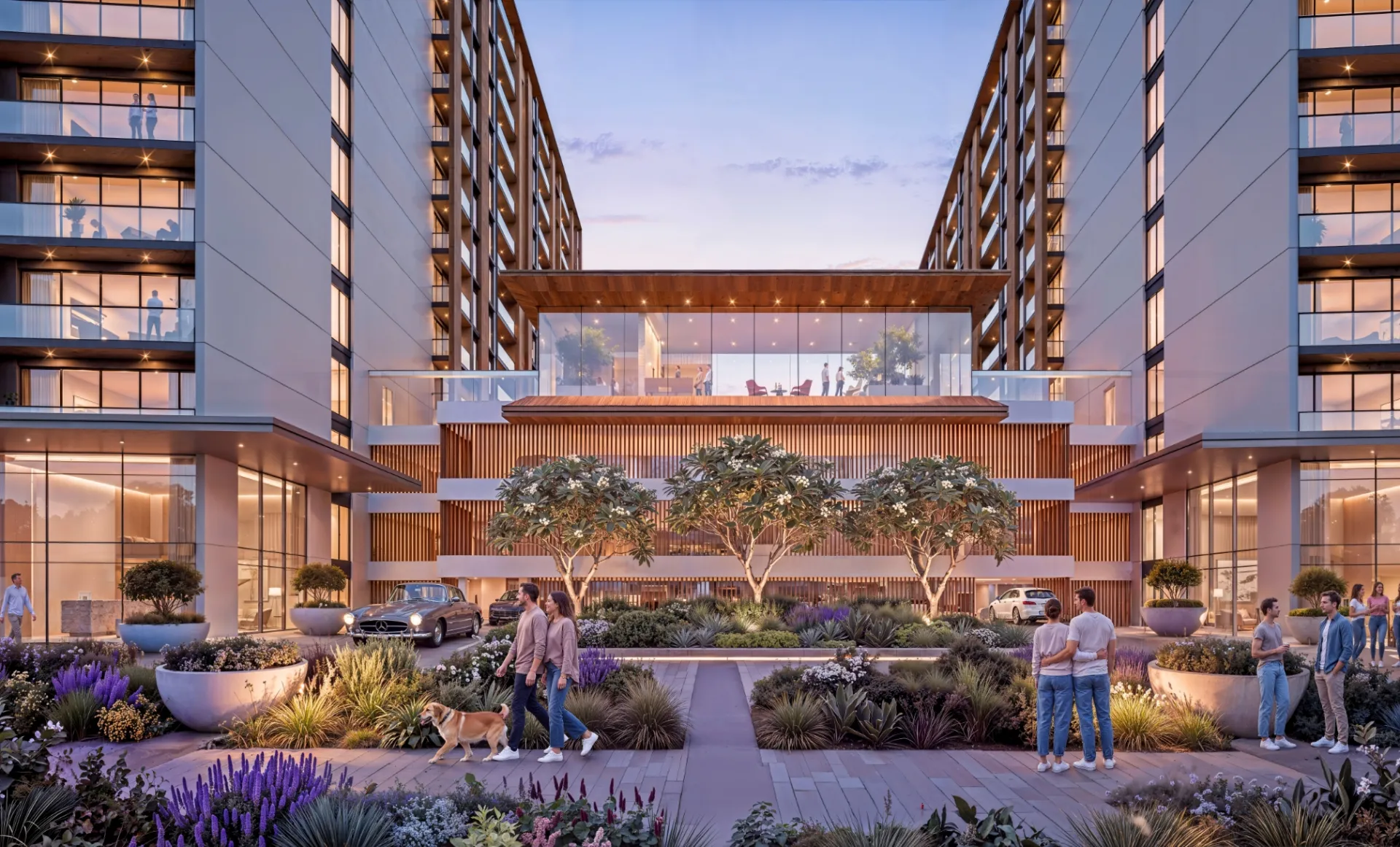 Landscaped central courtyard between the residential blocks, developer render