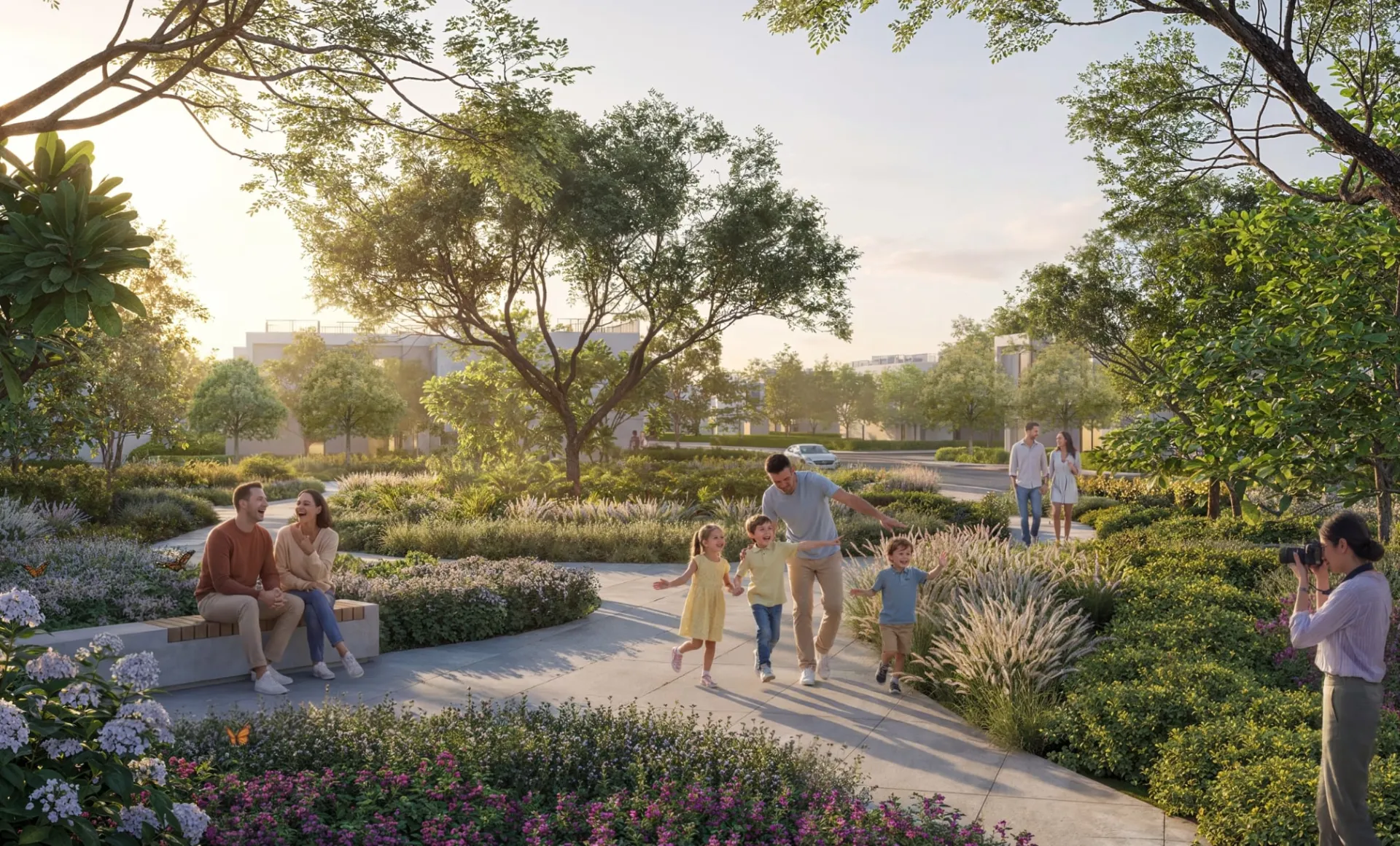 Garden paths and planting in The Woods at Sobha Sanctuary, developer render