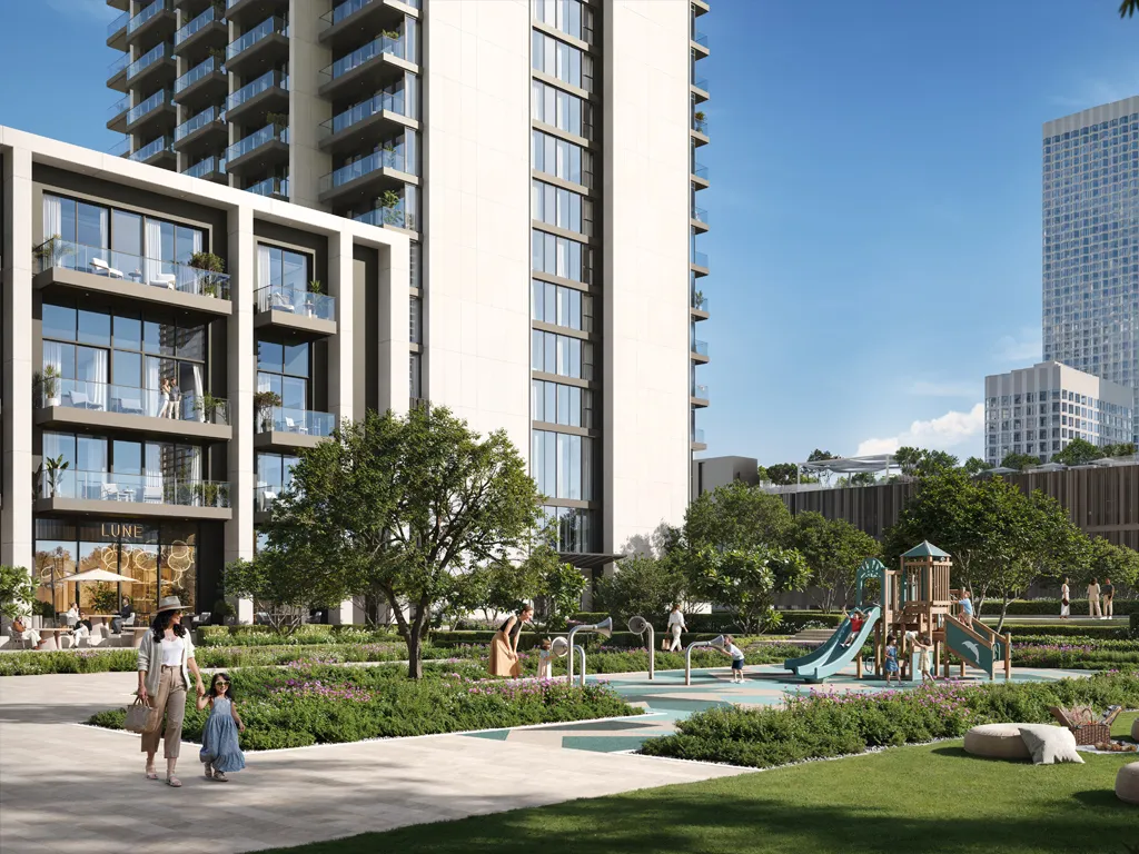 Landscaped park and play area at the base of Valia, Emaar render