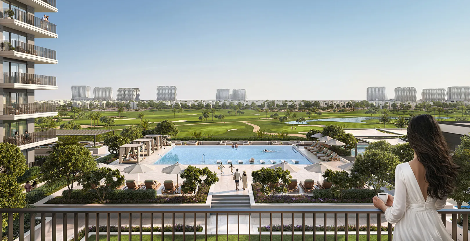 Amenity deck pool at Valia overlooking the community park, Emaar render