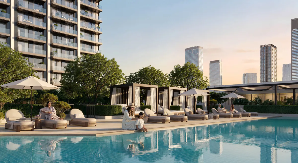 Pool and cabanas on the Valia amenities floor, Emaar render