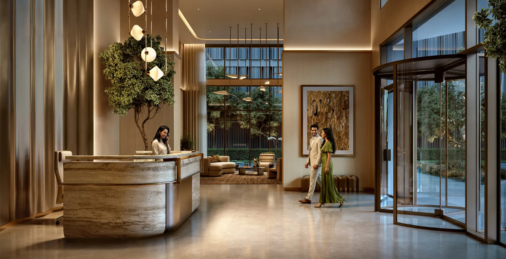 Double-height residents' lobby at Valia, Emaar render