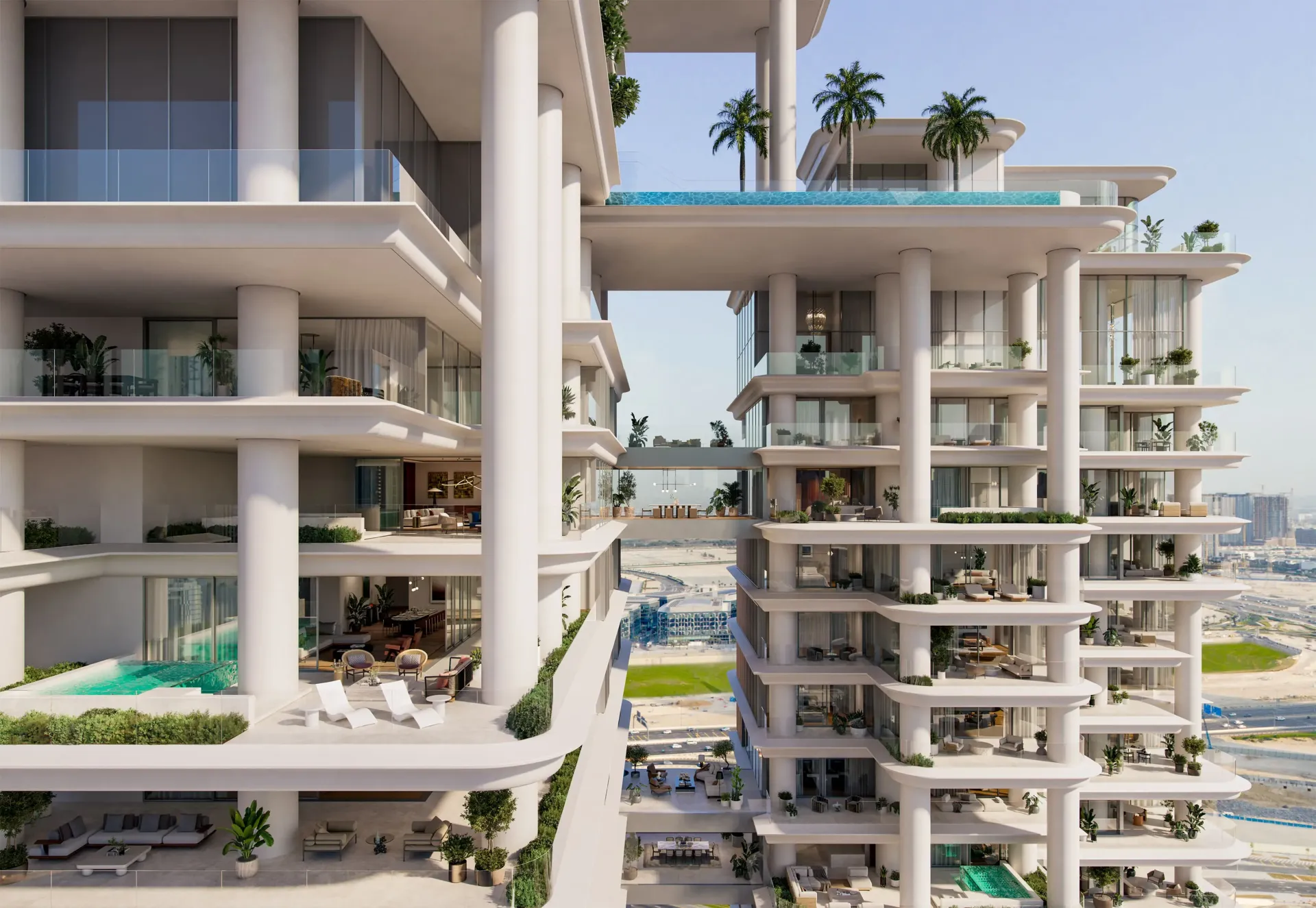 Terraces, private pools and the sky bridge between the VELA Viento towers