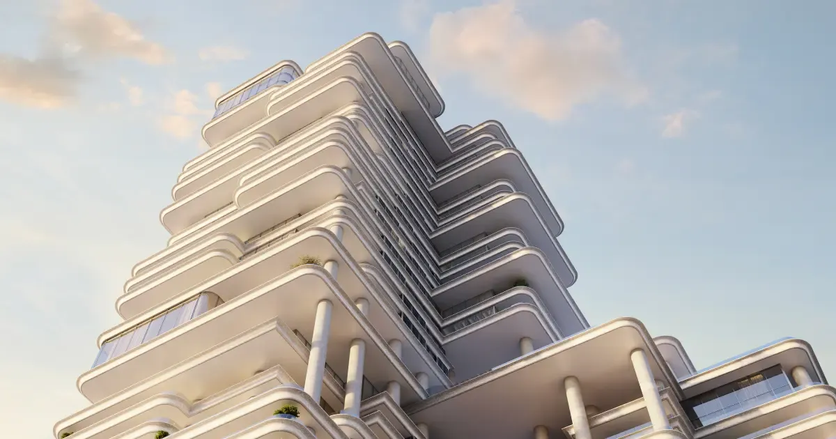 Curved terrace lines of the VELA Viento facade seen from below