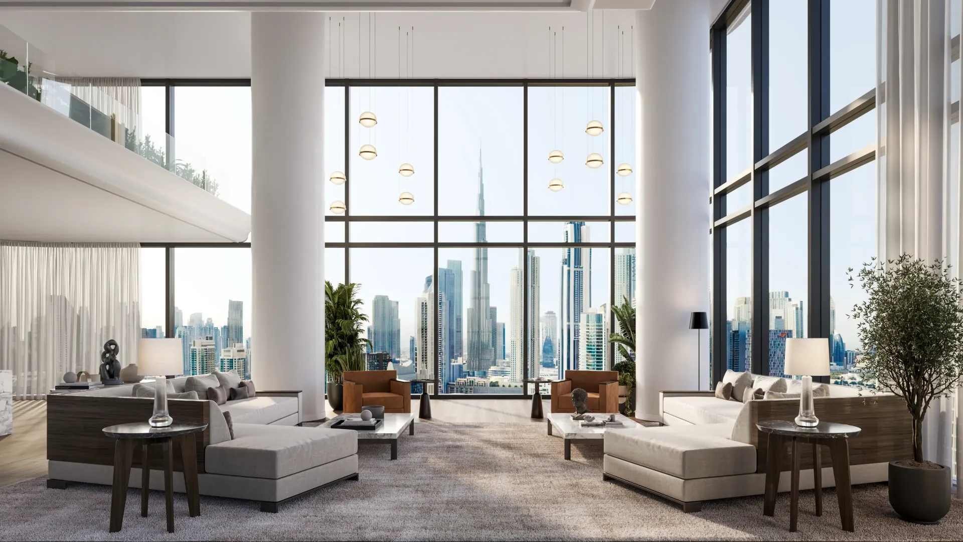 Double-height living room facing Burj Khalifa, VELA Viento