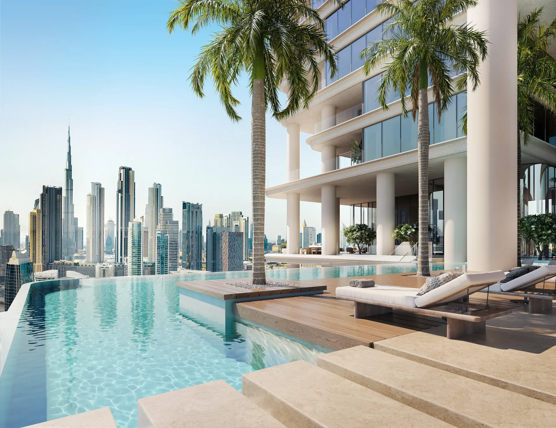 Infinity pool on the sky amenities deck with the Downtown Dubai skyline