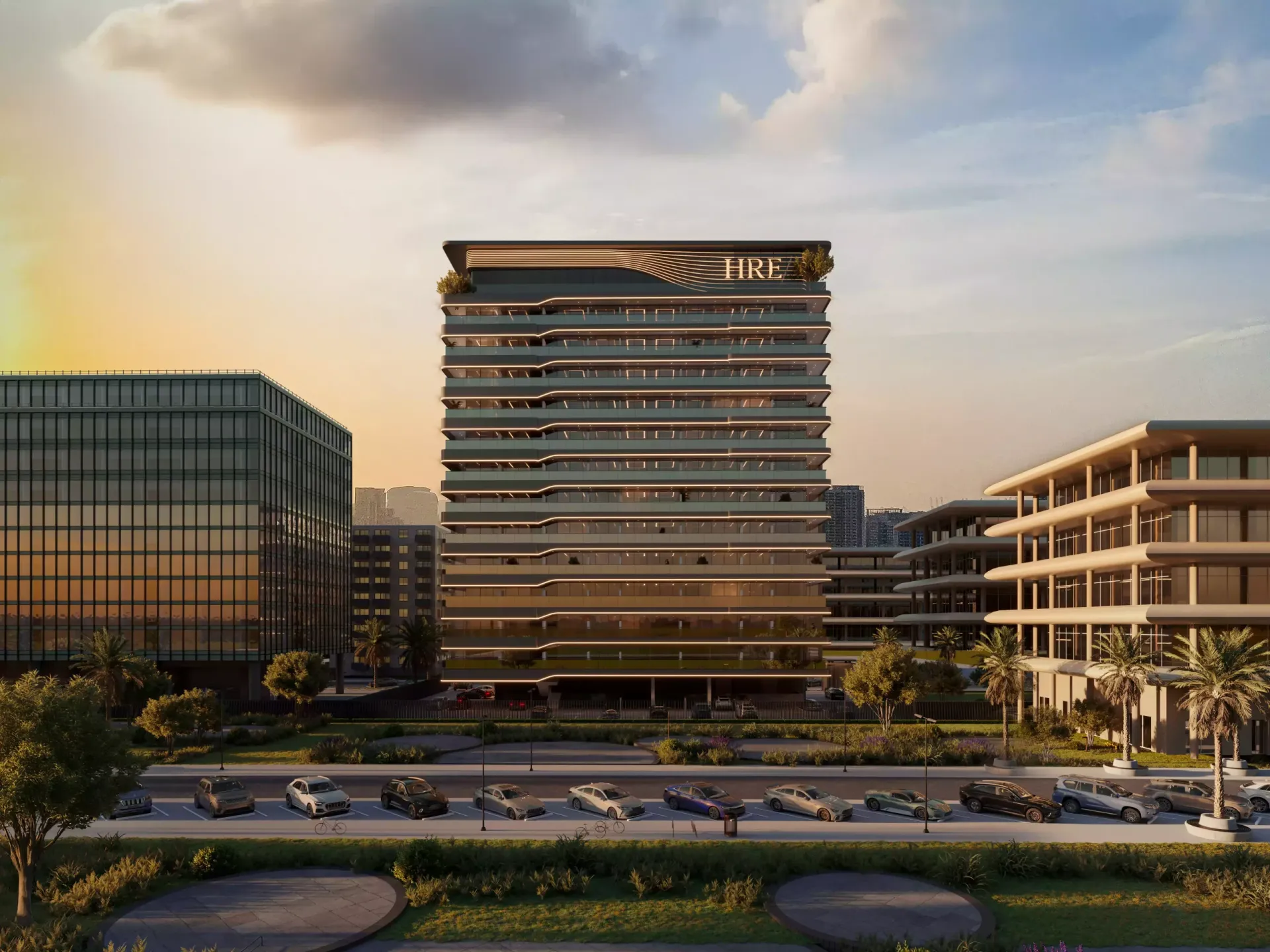 Front elevation render of the Wadi Hills tower and landscaped forecourt
