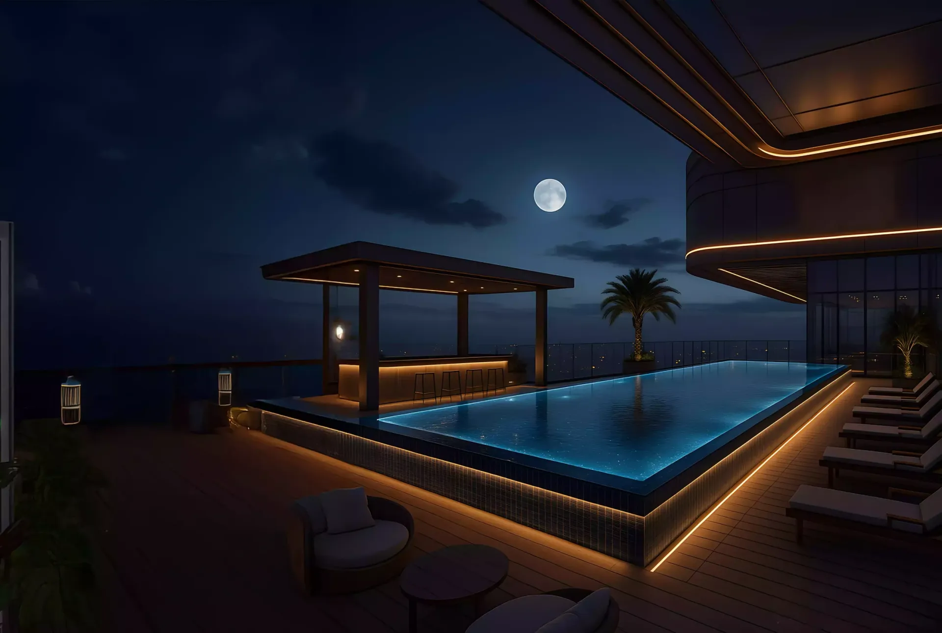 Night render of the Wadi Hills rooftop pool and cabana