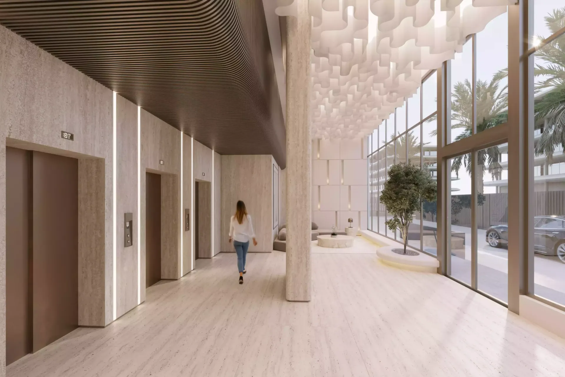 Render of the Wadi Hills lobby with lifts and double-height glazing